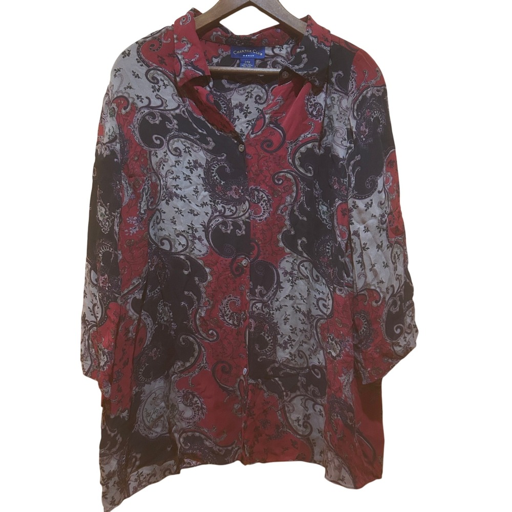 Charter Club Silk Blouse Womens 24W Sheer Red Black Cream Whimsigoth Office‎